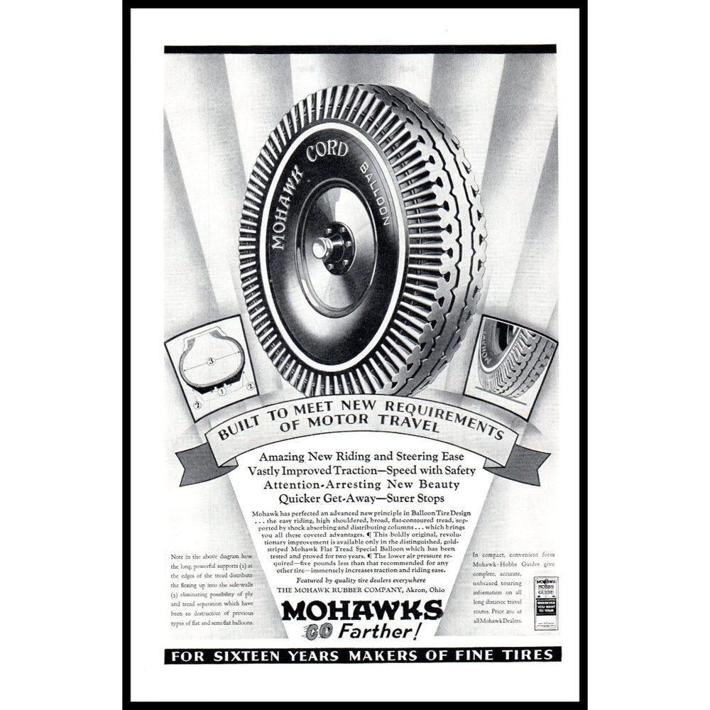 1929 Mohawk Cord Company Balloon Tire Vintage Print Ad Tires Wall Art